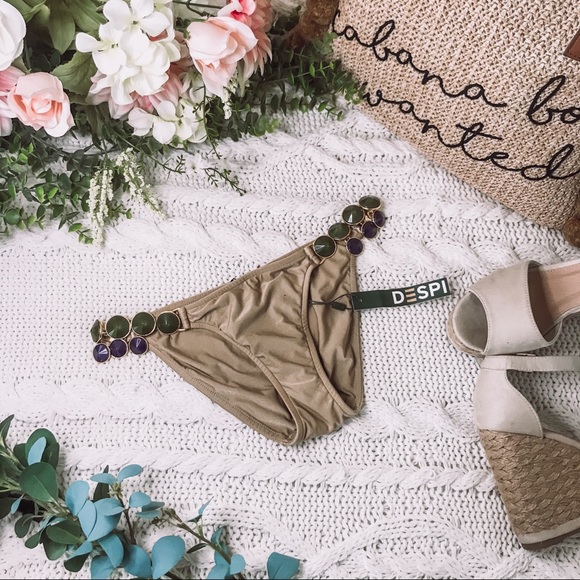DESPI Taupe Jewel Side Hipster Bikini Bottom S NWT - Picture 2 of 9